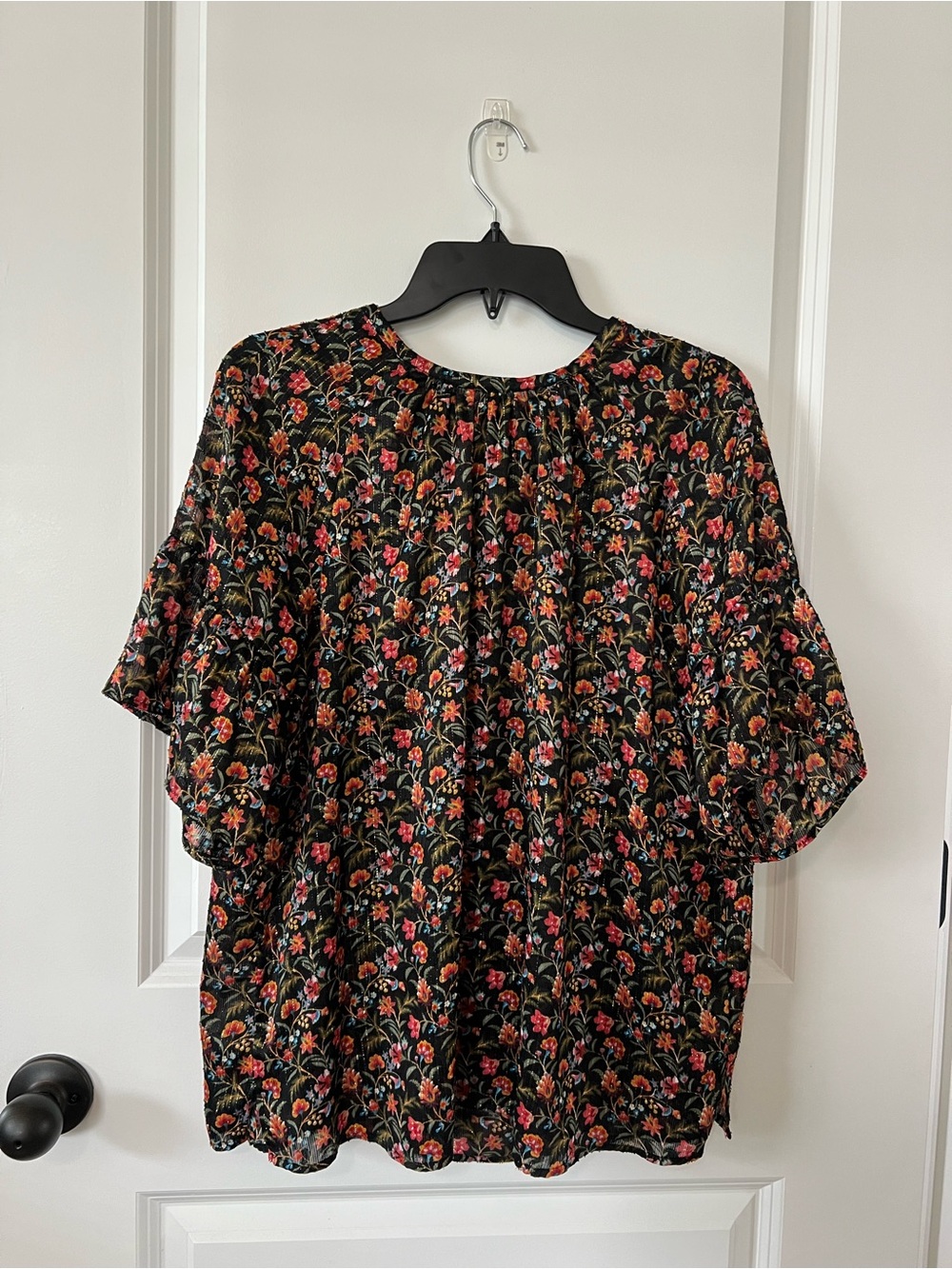 LOFT Black Floral Short-Sleeve Blouse with Pink & Orange Blooms